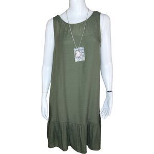 AGB Dress Womens‎ Small Olive Green Shift Dress Lined Sleeveless Ruffle Necklace